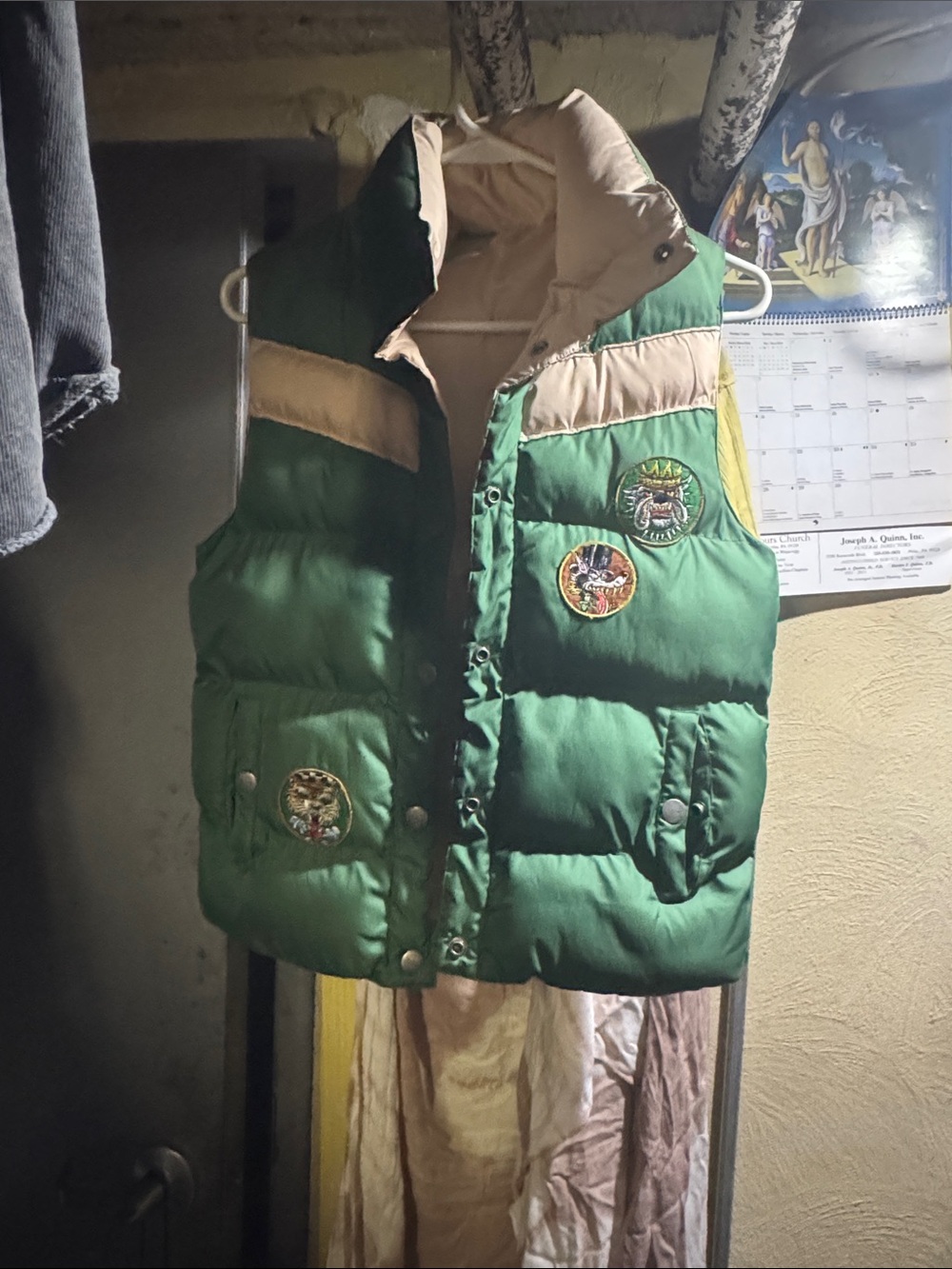 Ed Hardy Green Puffer Vest with Beige Trim and Patch Details